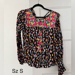 Embroidered Floral Scoop Neck Long-Sleeve Top - Black/Multi